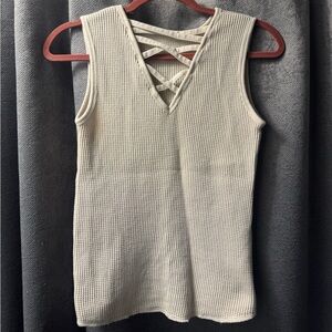 Beige Waffle Knit Lace-Up V-Neck Tank Top Small